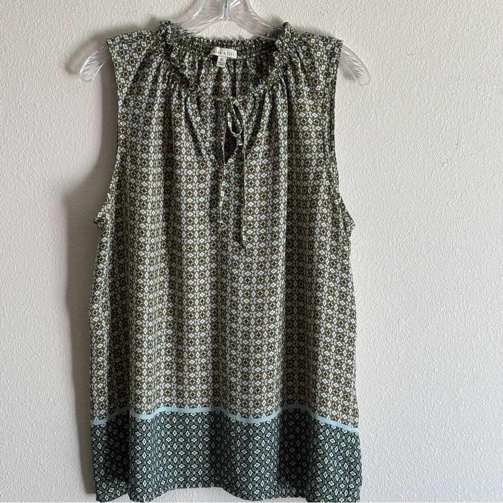 Alex & Lili Women's Sleeveless Top Olive Green White Blue Pattern SZ XL